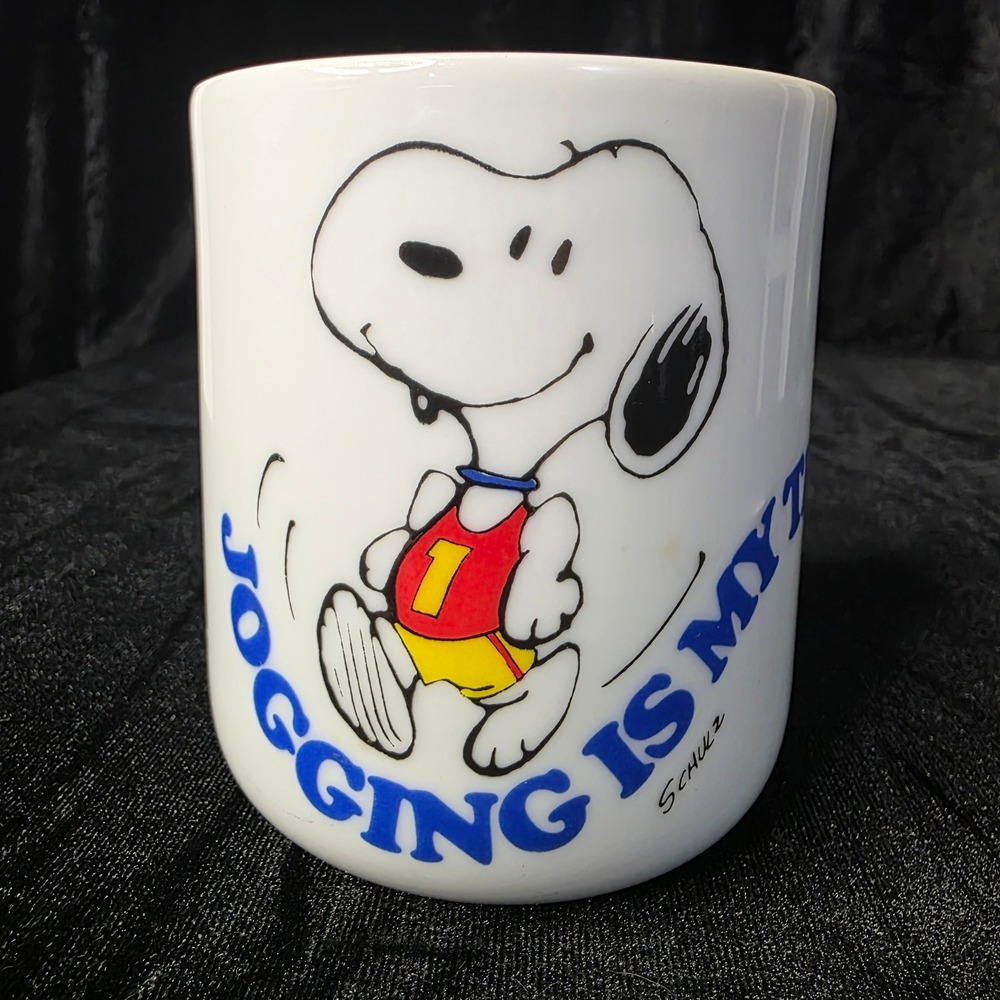 VTG 1965 Peanuts Snoopy Jogging Is My Thing Ceramic Coffee Mug Woodstock Schulz